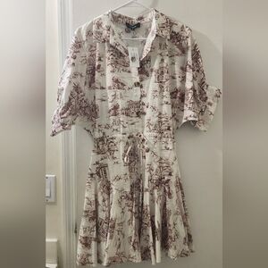 Aakaa Elegant Cream‎ and Brown Printed Dress, Size Small, Cotton.